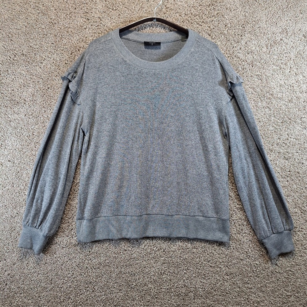 Tahari Sweater Womens Large Gray Ruffle Shoulder Long Sleeve Knit Pullover Chic